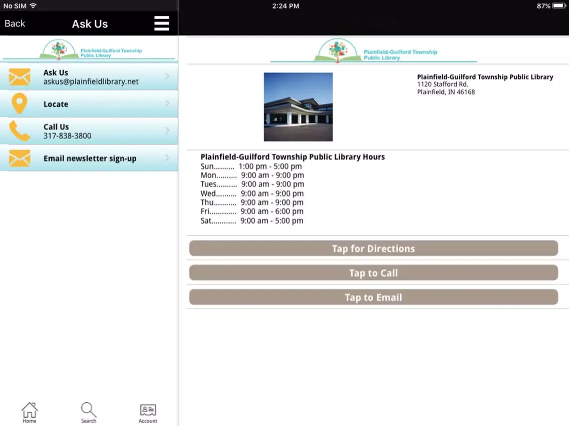 Tangkapan layar Plainfield Public Library Mobile iPad 