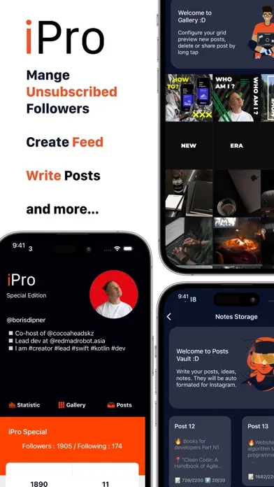 Tangkapan layar iPro Followers, Feed, Posts