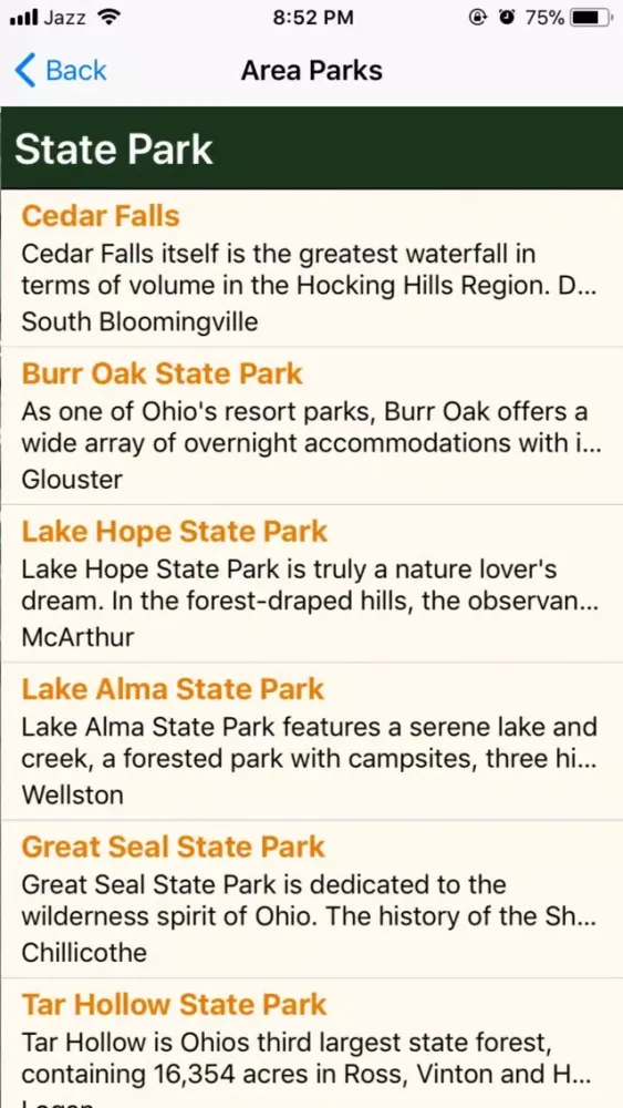 Tangkapan layar Hocking Hills Visitors App