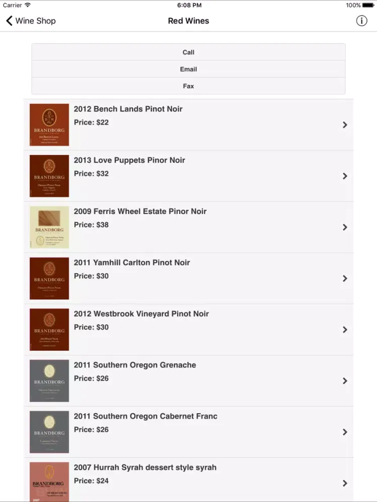 Tangkapan skrin Brandborg Wines iPad 