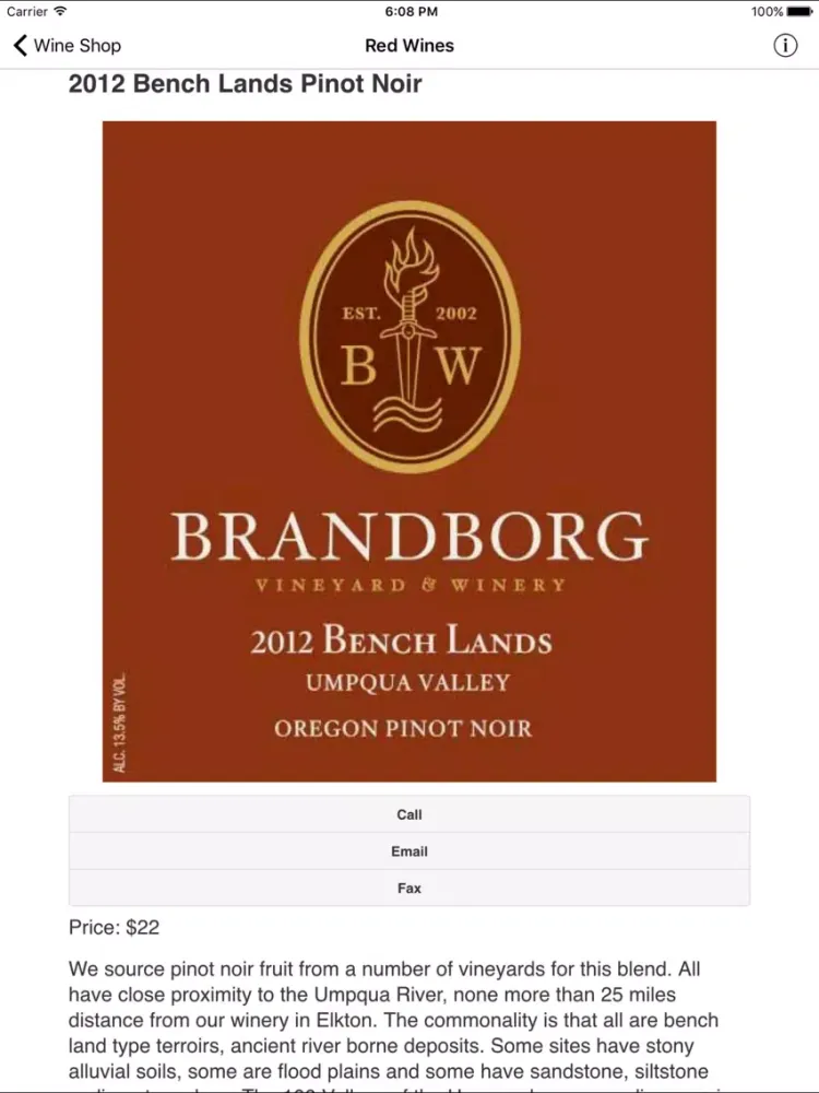 Tangkapan skrin Brandborg Wines iPad 