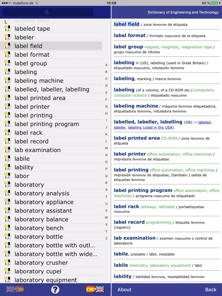 Dictionary Engineering EN-ES iPad  스크린샷