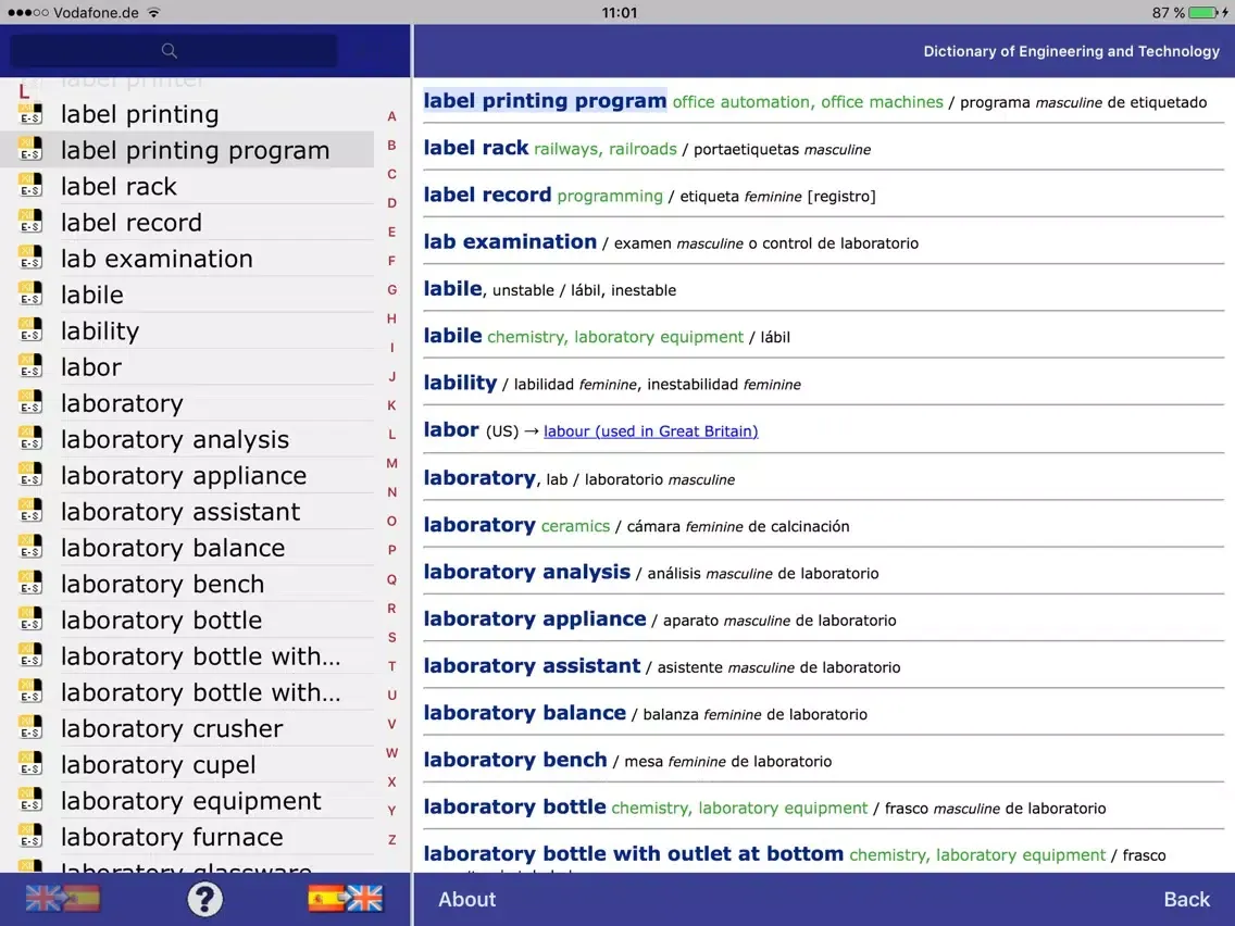 Dictionary Engineering EN-ES iPad  스크린샷