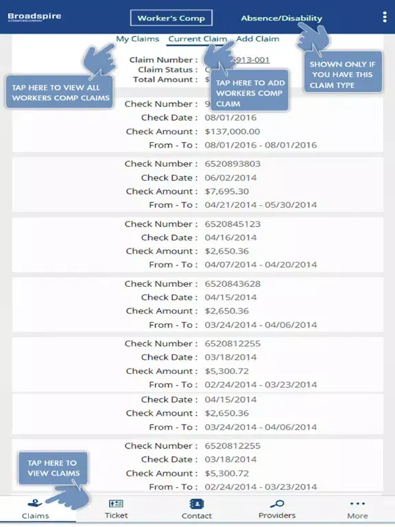Capturas de pantalla de Broadspire’s MyClaim℠ Mobile iPad 