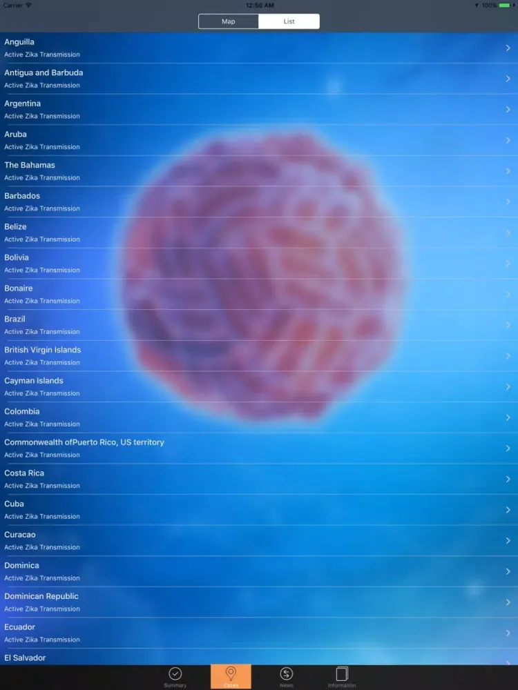 Tangkapan skrin Zika Tracker iPad 