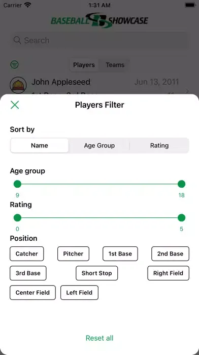 Baseball Showcase App স্ক্রিনশট