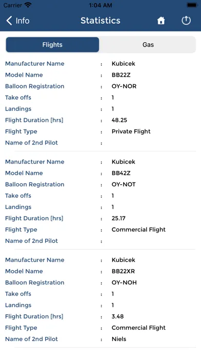 Ảnh chụp màn hình của EASA Balloon Logbook