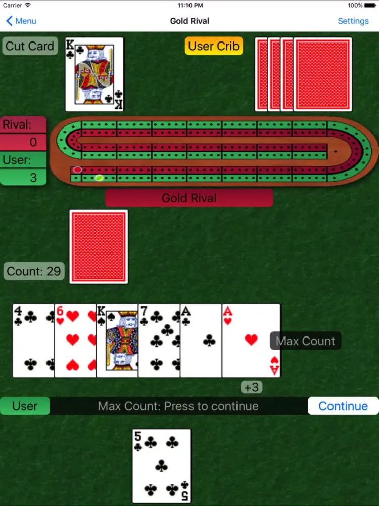 Capturas de tela do BTO Cribbage iPad 