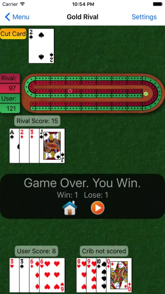 Capturas de tela do BTO Cribbage