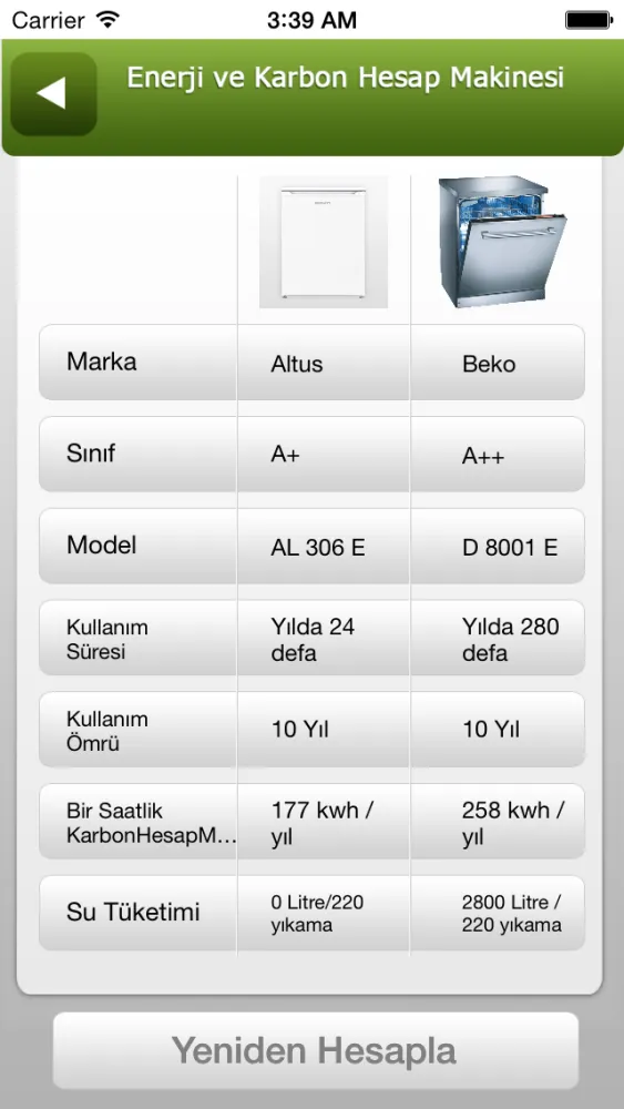 Tangkapan skrin Karbon Hesap Makinesi