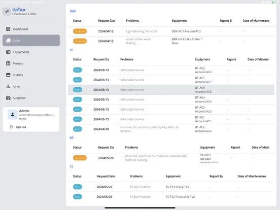 Ảnh chụp màn hình của Maintenance App iPad 
