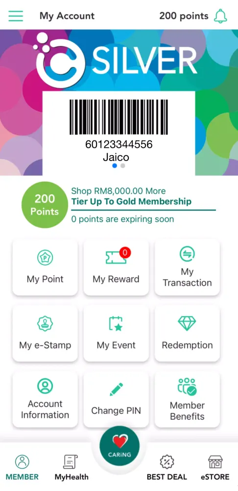 Tangkapan skrin Caring Membership