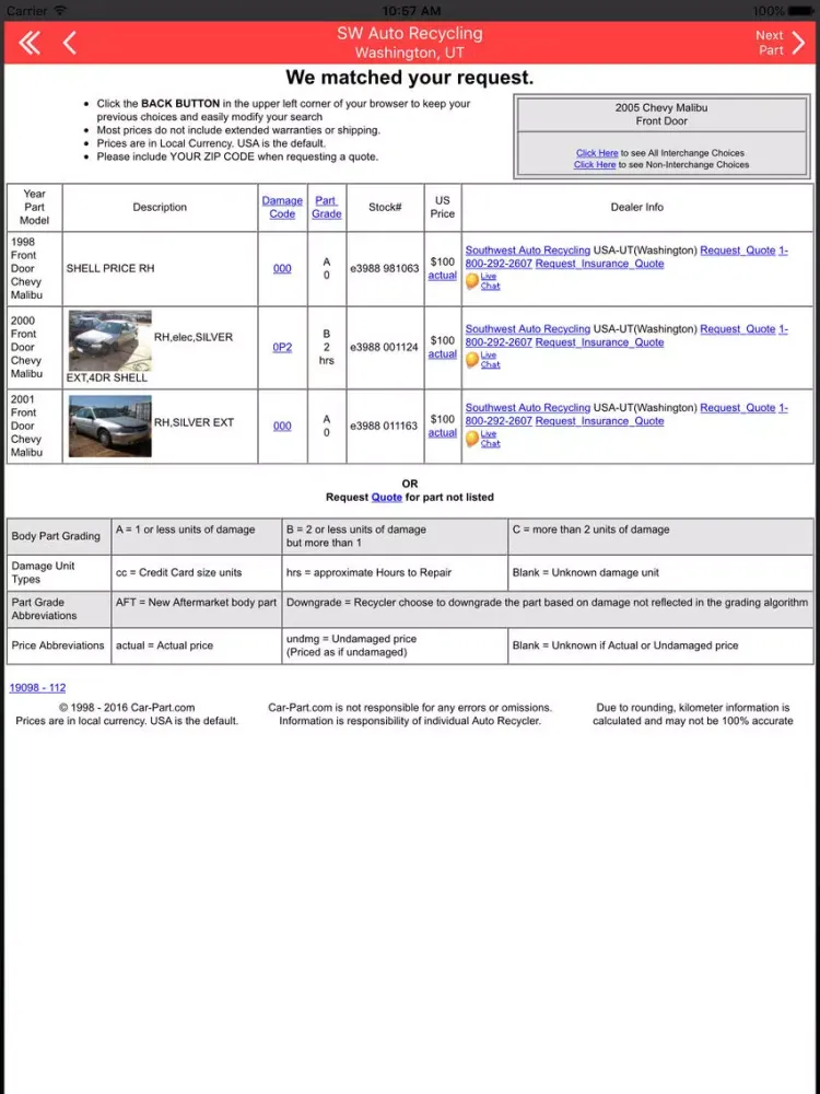 Ảnh chụp màn hình của Southwest Auto Recycling Inc -Washington, UT iPad 