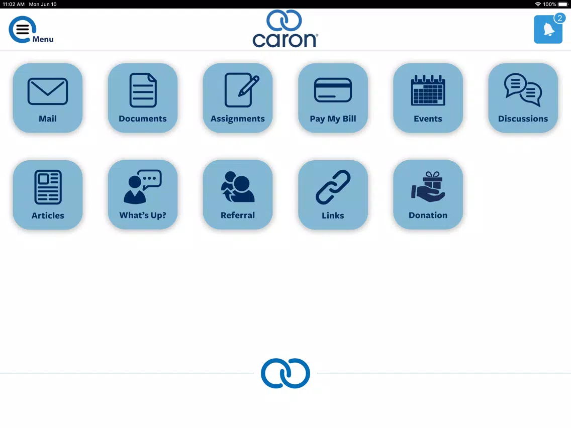Ảnh chụp màn hình của Caron Recovery Network iPad 