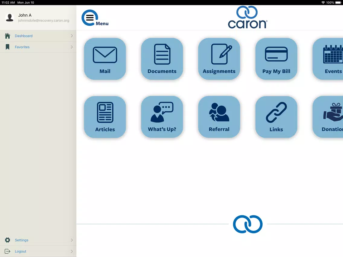 Ảnh chụp màn hình của Caron Recovery Network iPad 