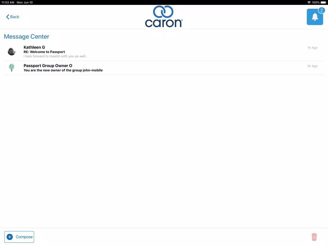 Ảnh chụp màn hình của Caron Recovery Network iPad 