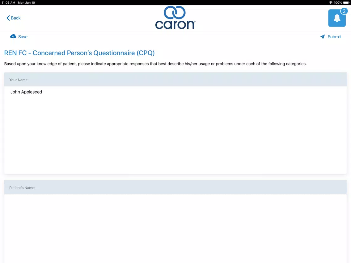 Ảnh chụp màn hình của Caron Recovery Network iPad 