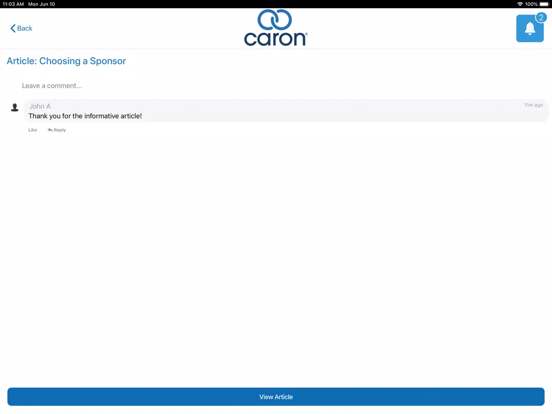 Ảnh chụp màn hình của Caron Recovery Network iPad 