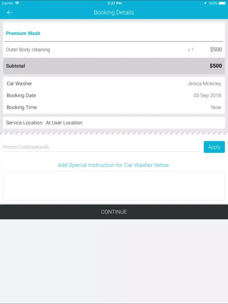 Tangkapan layar CubeCarWashPro User iPad 