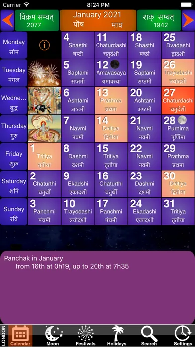 Tangkapan skrin India Panchang Calendar 2021