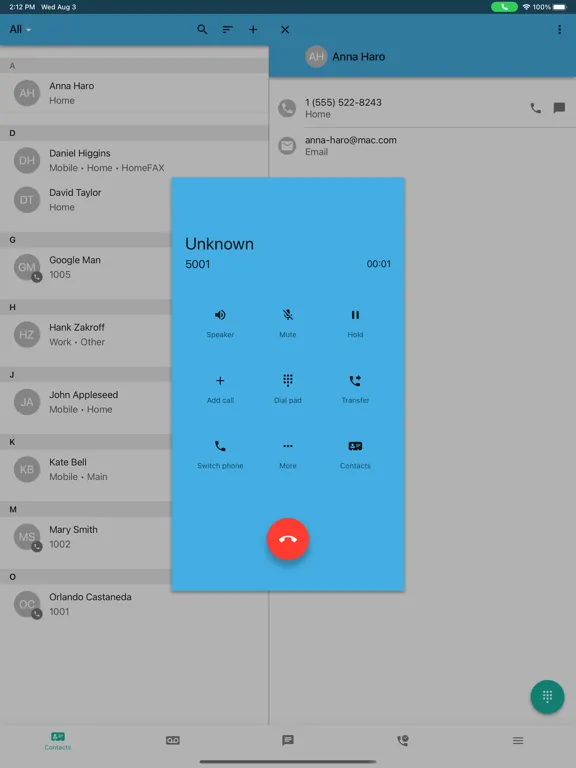 Capturas de tela do CCI Cloud PBX iPad 