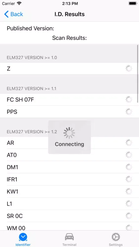 Ảnh chụp màn hình của ELM327 Terminal