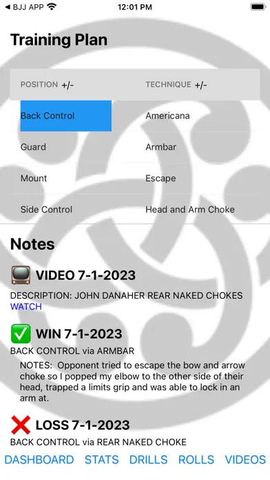 Capturas de pantalla de BJJ Training Notes