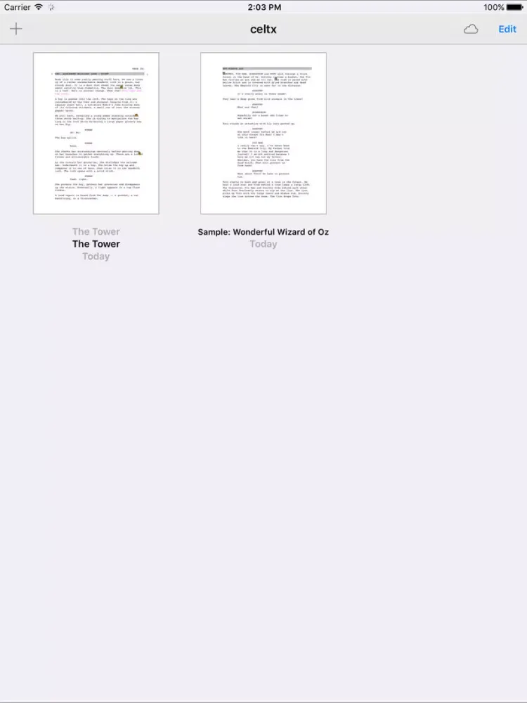 Tangkapan skrin celtx script iPad 