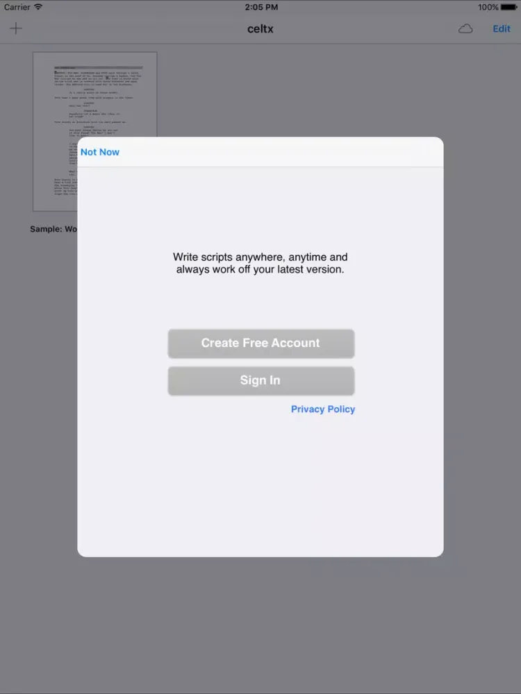 Tangkapan skrin celtx script iPad 