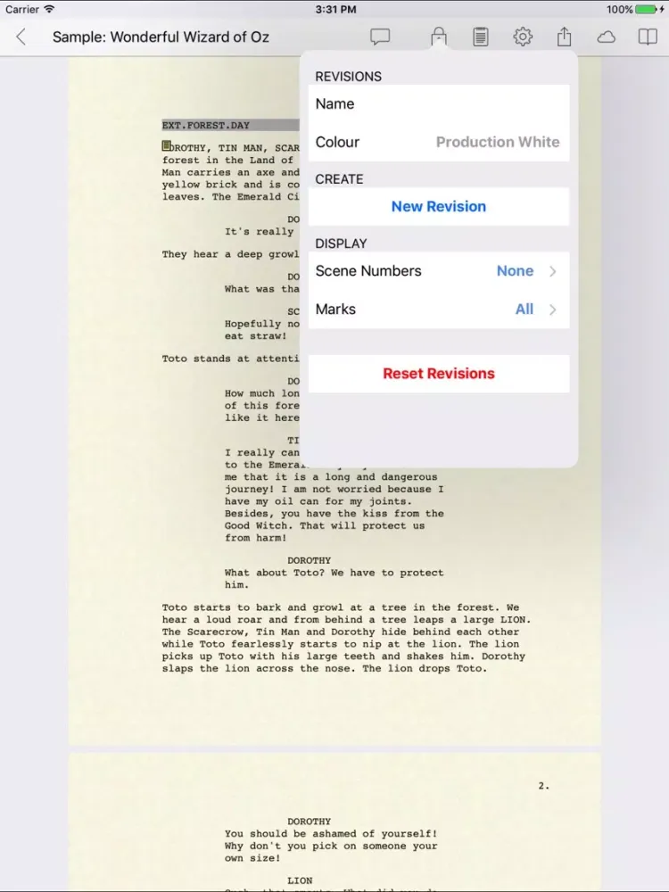 Tangkapan skrin celtx script iPad 