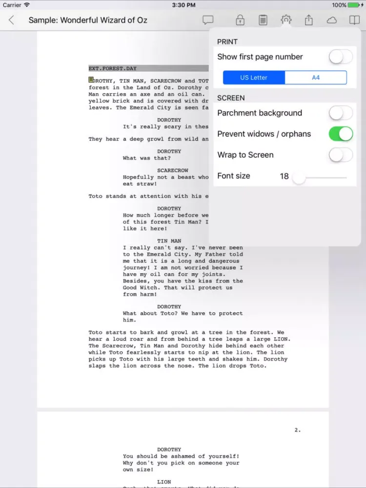 Tangkapan skrin celtx script iPad 