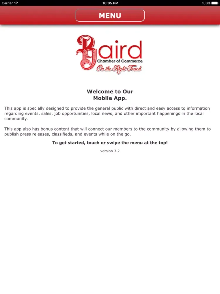 Tangkapan layar Baird Chamber of Commerce iPad 