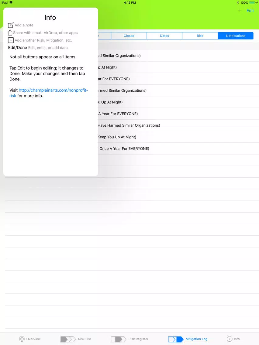 Tangkapan layar NP Risk iPad 