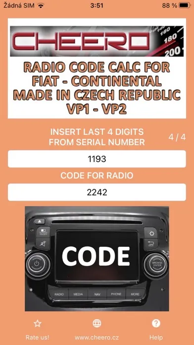 Zrzuty ekranu RADIO CODE for FIAT VP2 CZECH