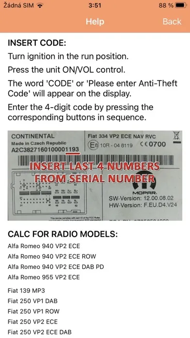Zrzuty ekranu RADIO CODE for FIAT VP2 CZECH