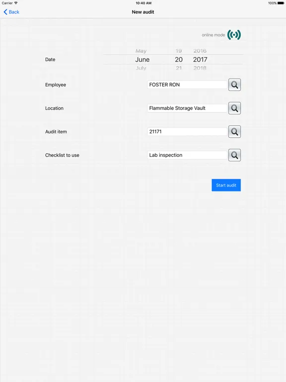 Capturas de tela do EMS.Audit iPad 