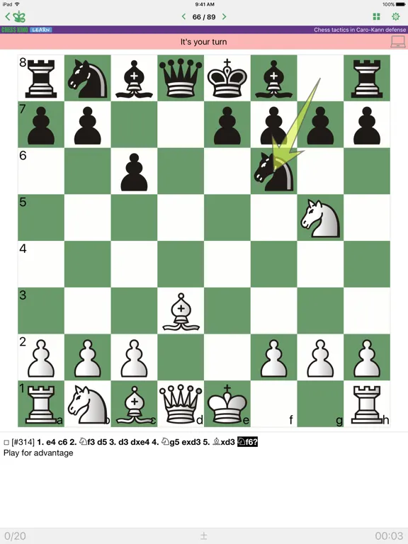 Ảnh chụp màn hình của Chess Tactics. Caro-Kann Def. iPad 