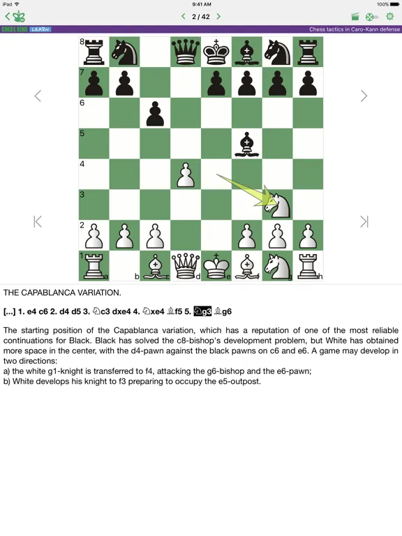 Ảnh chụp màn hình của Chess Tactics. Caro-Kann Def. iPad 