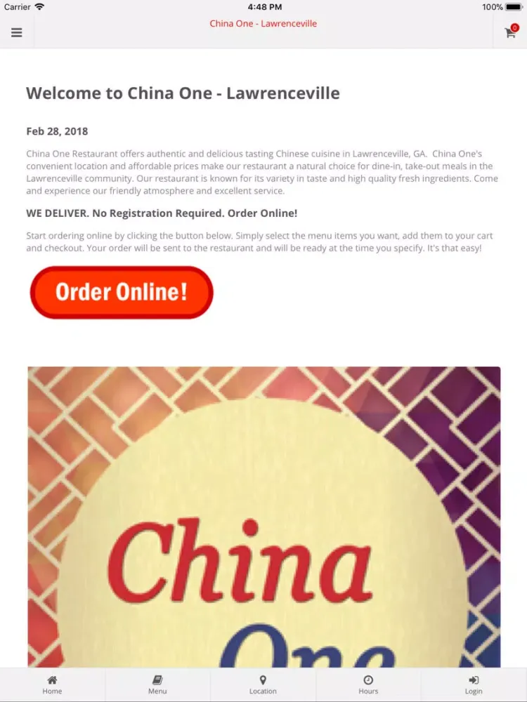Ảnh chụp màn hình của China One Lawrenceville iPad 