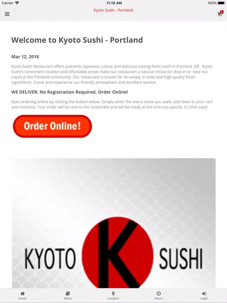 Tangkapan layar Kyoto Sushi Portland iPad 