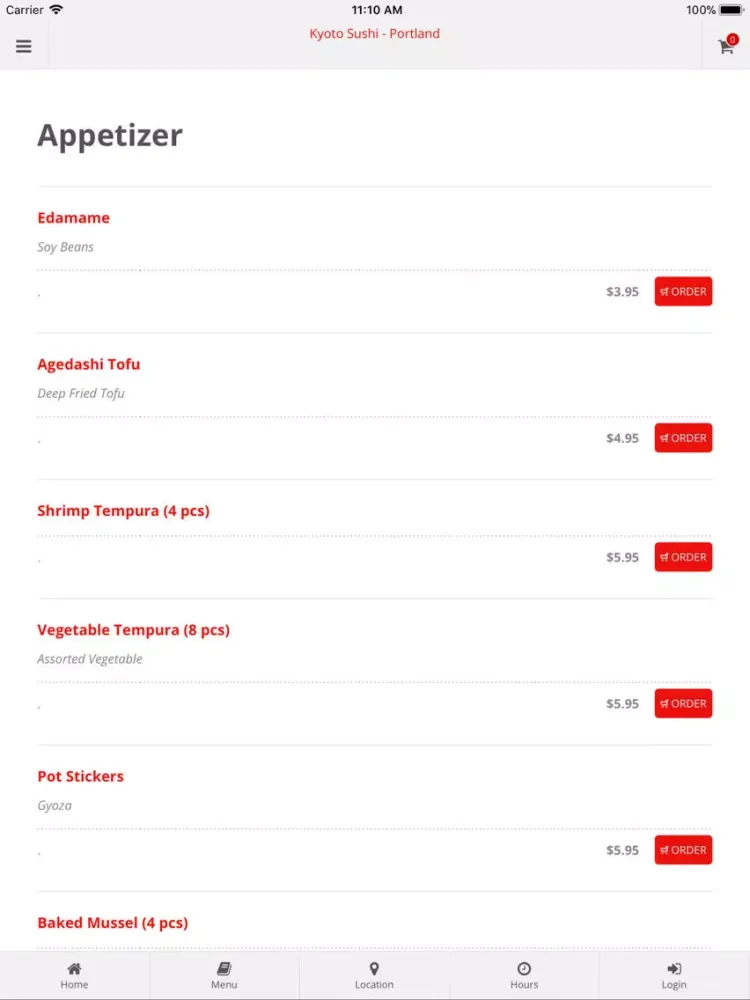 Tangkapan layar Kyoto Sushi Portland iPad 