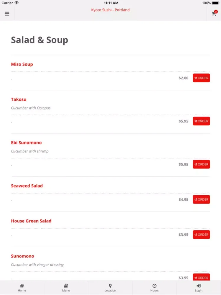 Tangkapan layar Kyoto Sushi Portland iPad 