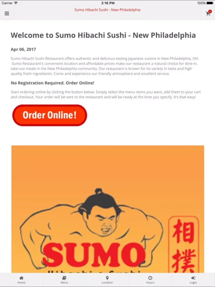 Tangkapan skrin Sumo Hibachi Sushi New Philly iPad 