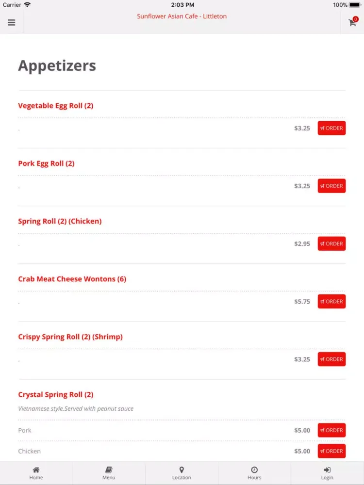 Sunflower Asian Cafe Littleton iPad  스크린샷