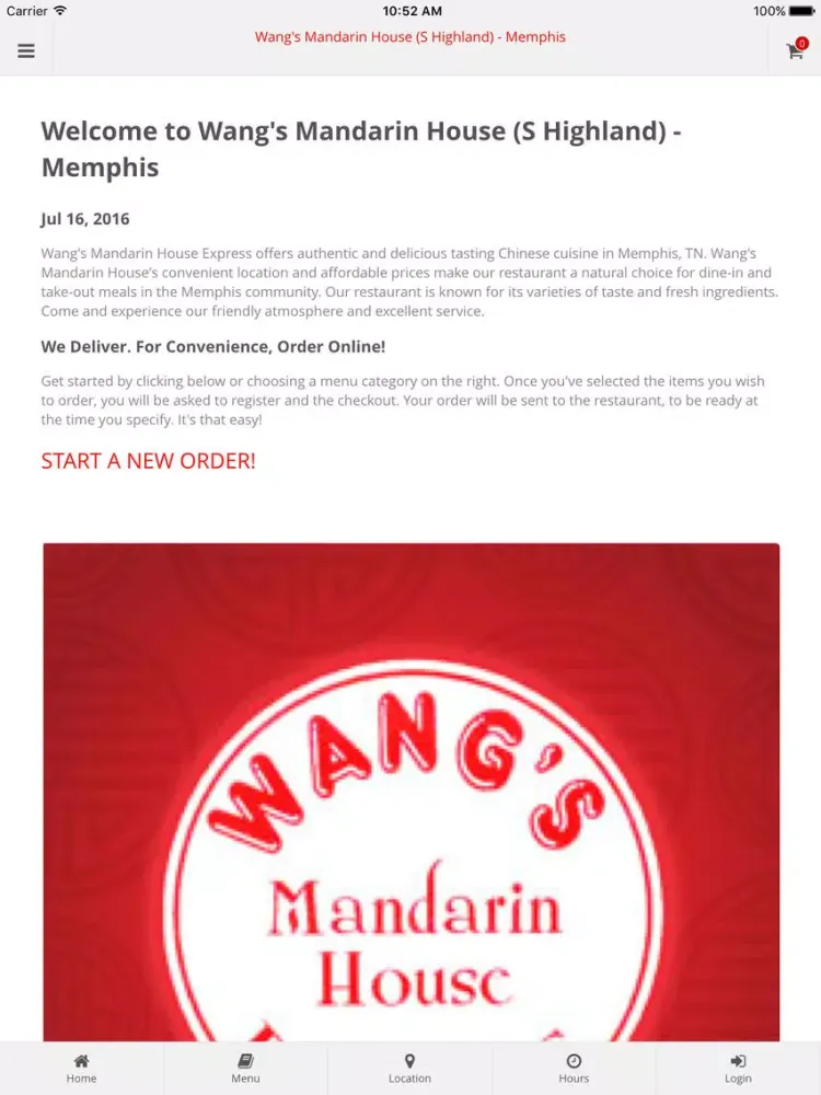 Ảnh chụp màn hình của Wang's Mandarin House - Memphis Online Ordering iPad 