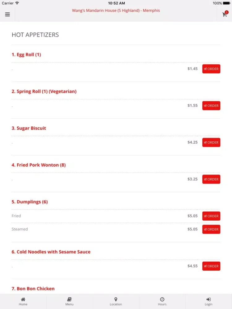 Ảnh chụp màn hình của Wang's Mandarin House - Memphis Online Ordering iPad 