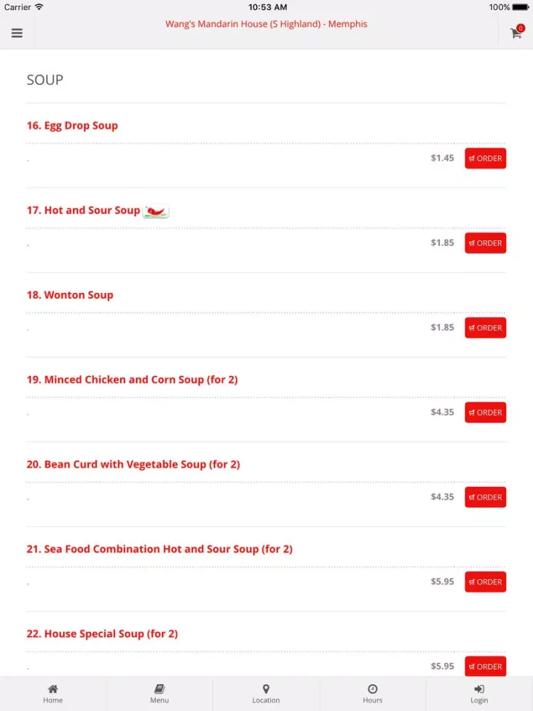 Ảnh chụp màn hình của Wang's Mandarin House - Memphis Online Ordering iPad 