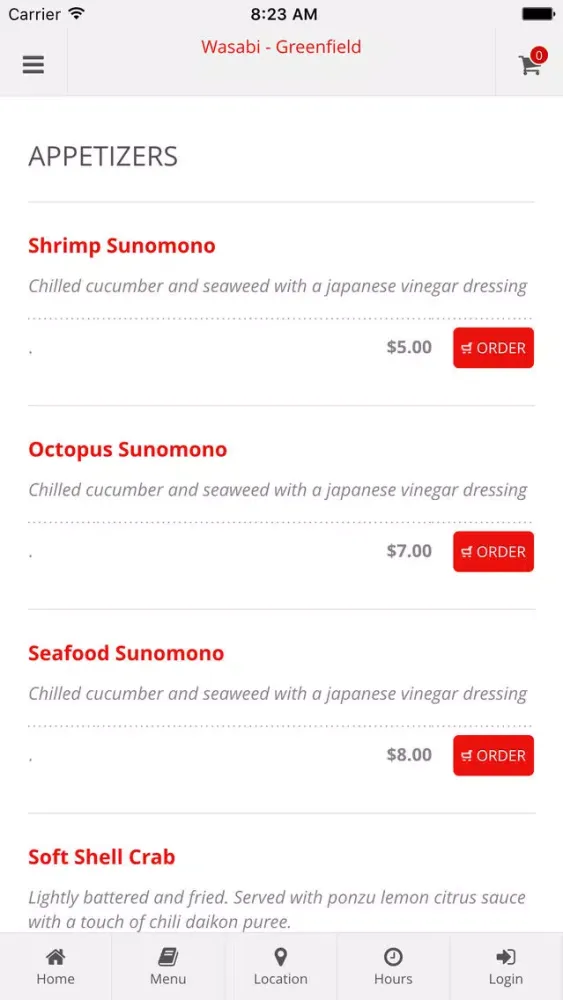 Wasabi - Greenfield Online Ordering Ekran Görüntüleri