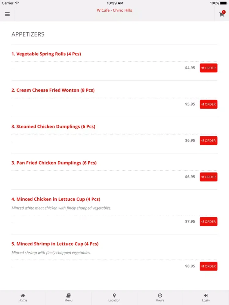 Tangkapan layar W Cafe - Chino Hills Online Ordering iPad 