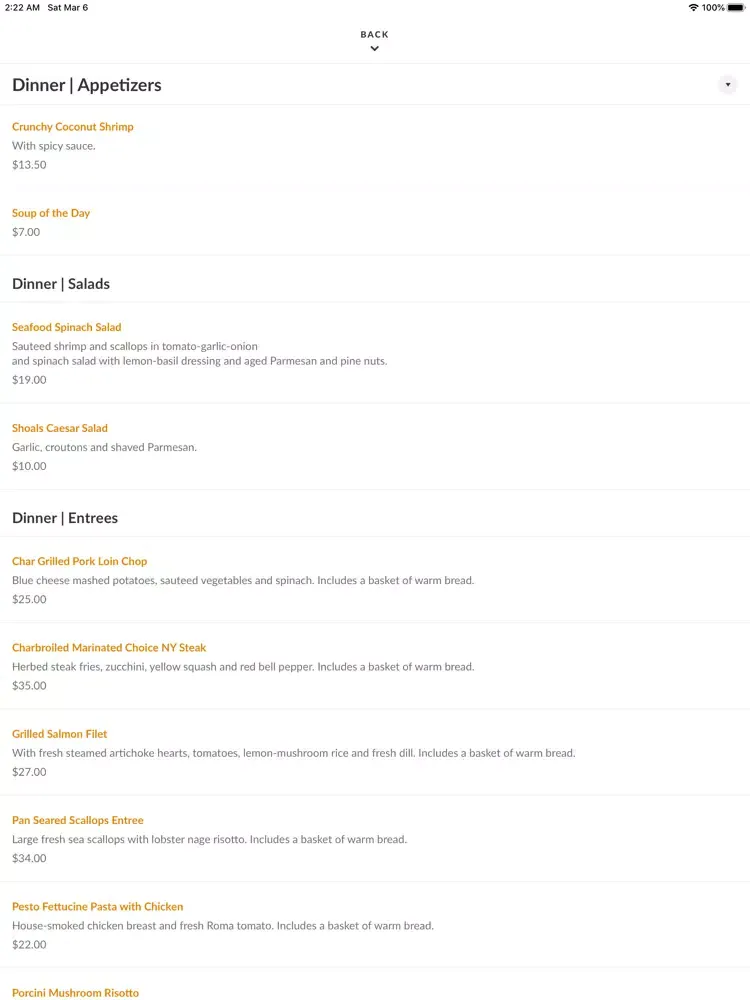 Shoals Restaurant iPad  Screenshots